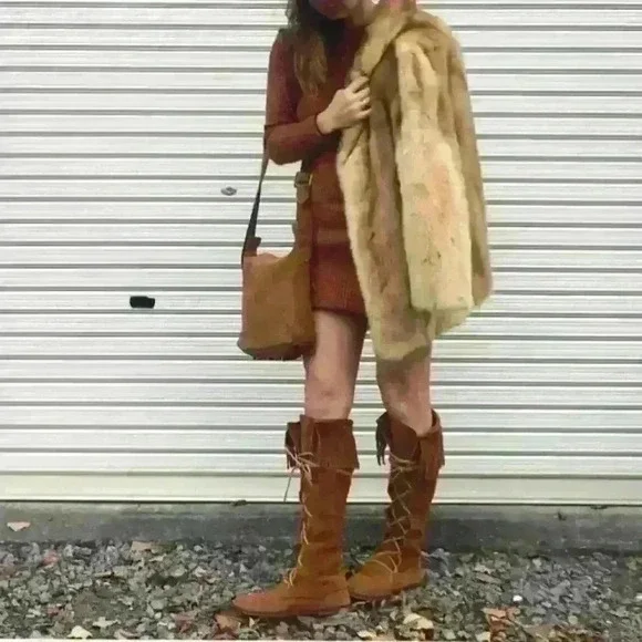 NWOT Minnetonka Front Lace Knee High fringe soft suede leather Boot - Picture 8 of 10